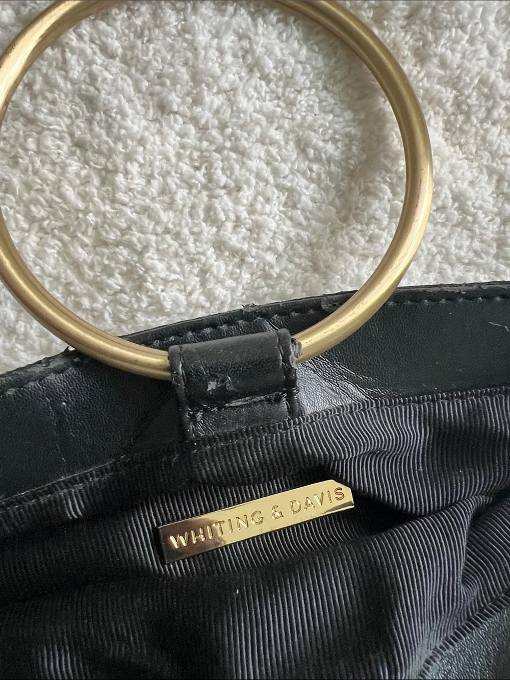 Whiting & Davis Black Textured Clutch with Gold Double Hoop Handle